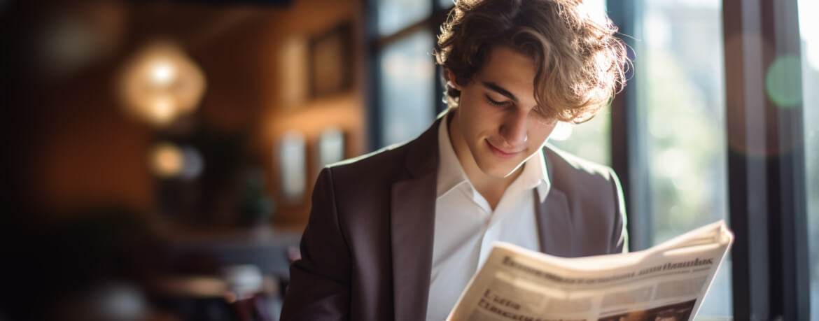 Young man reading a newpaper